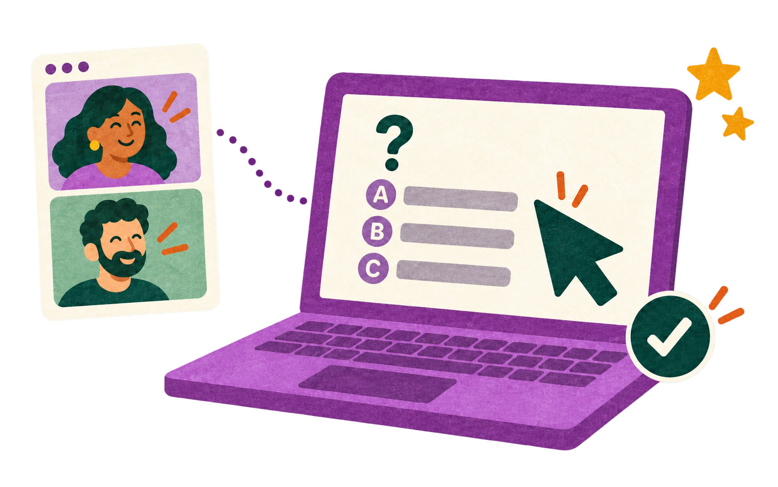 A laptop showing a multiple-choice quiz, beside two people on a video call